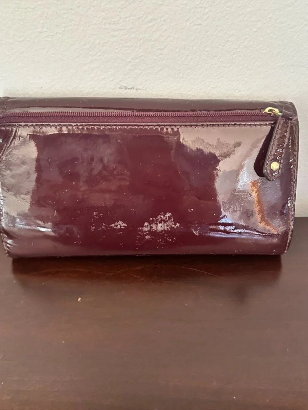 Coach Madison Burgundy Patent Leather Trifold Wallet With Check Book